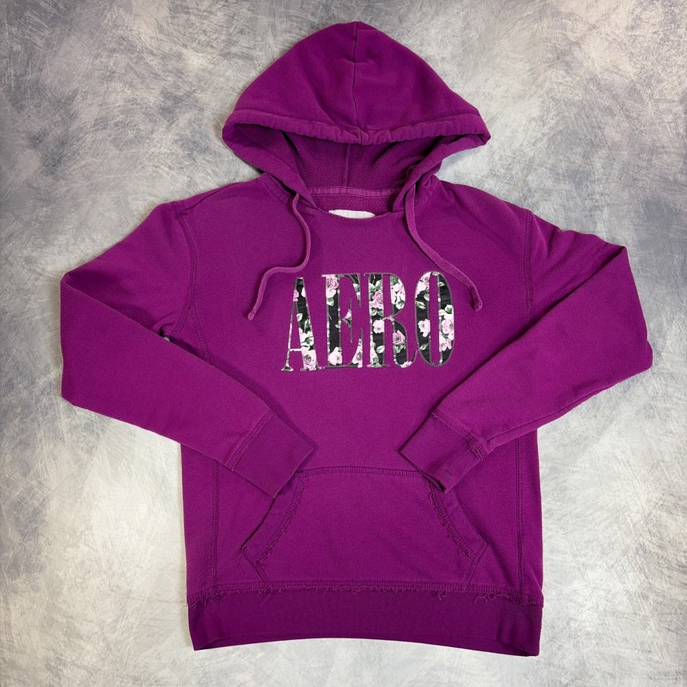 Aeropostale Hoodie Womens S Purple Floral Sequin Pullover Raw Seam Sweatshirt